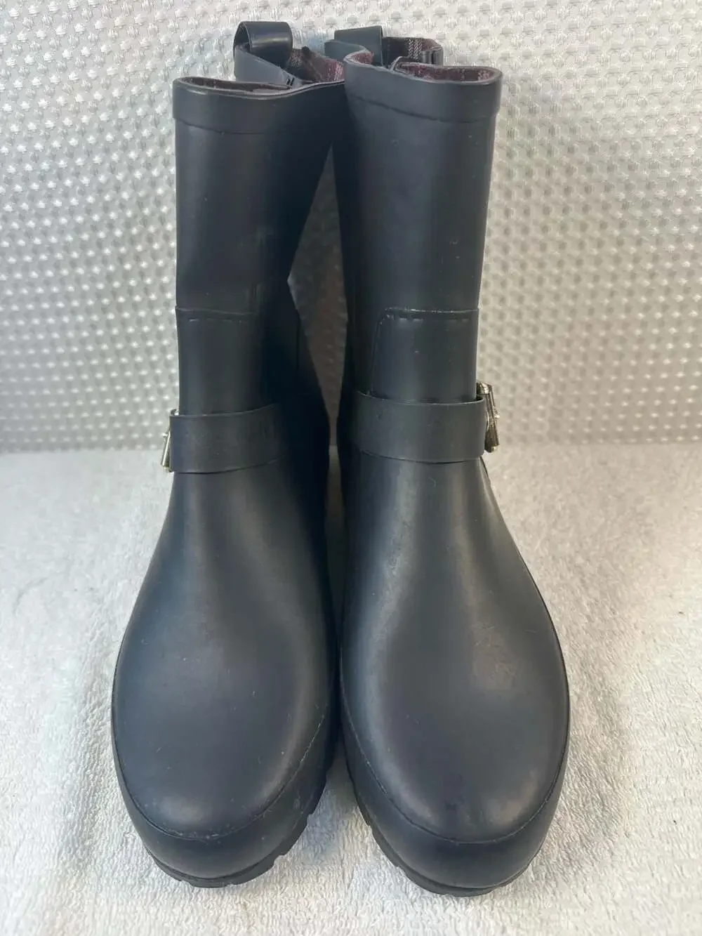 Massimo Dutti Black Matte Rubber Moto Rain Boots with Buckle Detail